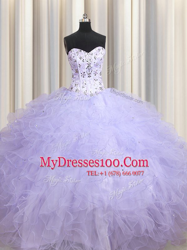 Sleeveless Beading and Ruffles Lace Up 15th Birthday Dress
