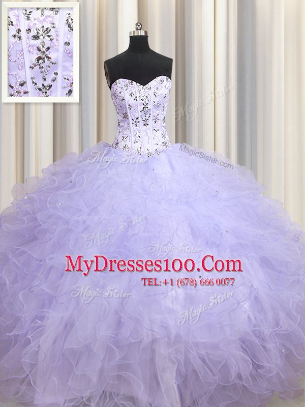 Sleeveless Beading and Ruffles Lace Up 15th Birthday Dress