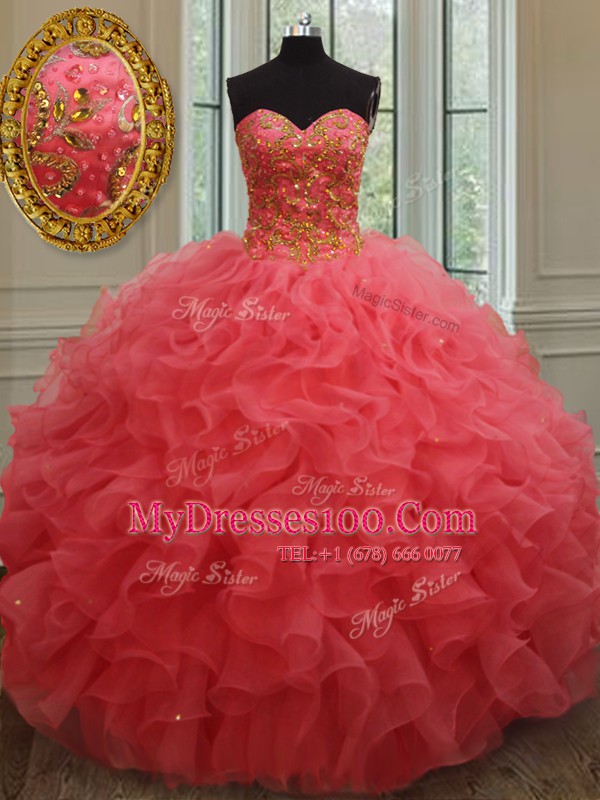 Wonderful Sweetheart Sleeveless Lace Up Sweet 16 Dresses Coral Red Organza