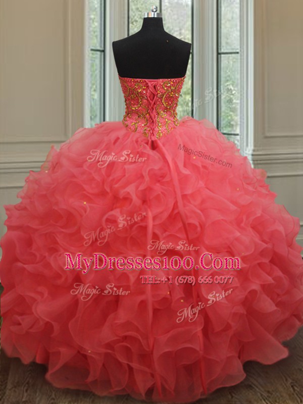 Wonderful Sweetheart Sleeveless Lace Up Sweet 16 Dresses Coral Red Organza