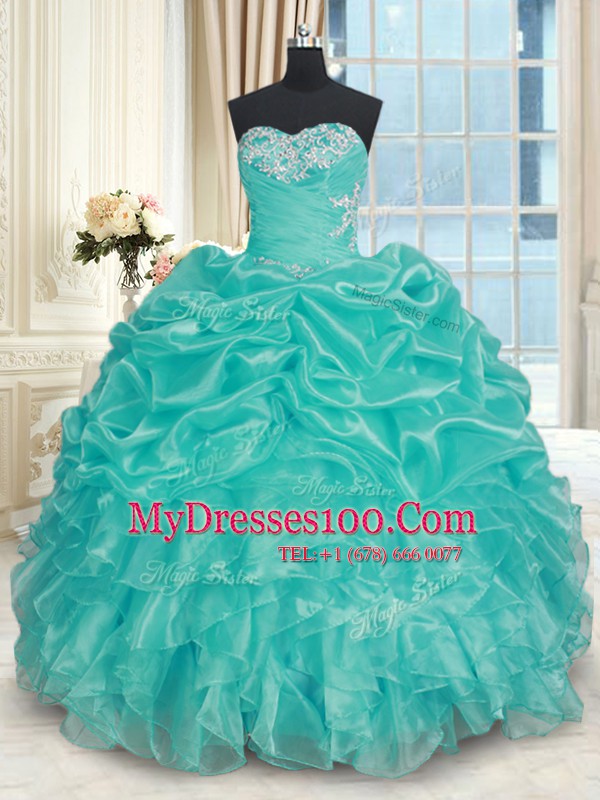 Hot Sale Turquoise Sweetheart Neckline Beading and Ruffles 15th Birthday Dress Sleeveless Lace Up