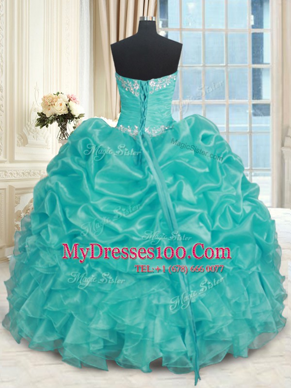 Hot Sale Turquoise Sweetheart Neckline Beading and Ruffles 15th Birthday Dress Sleeveless Lace Up