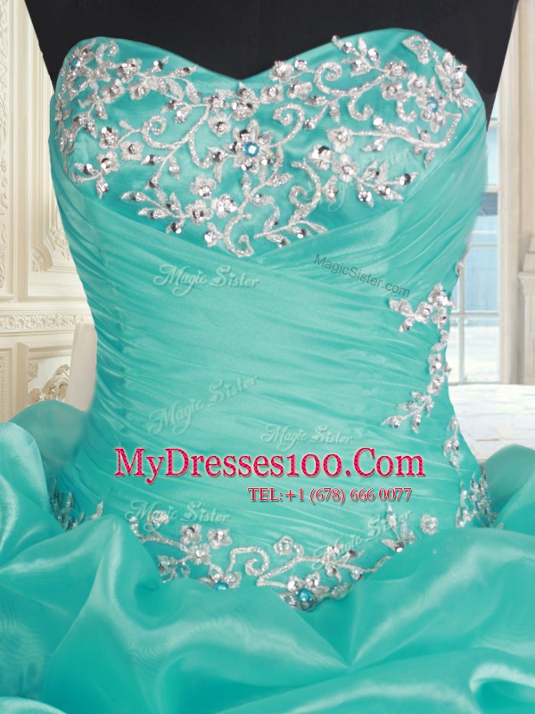 Hot Sale Turquoise Sweetheart Neckline Beading and Ruffles 15th Birthday Dress Sleeveless Lace Up