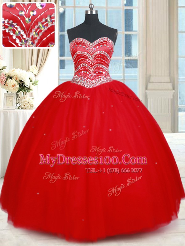 Red Sweetheart Lace Up Beading Quinceanera Dress Sleeveless
