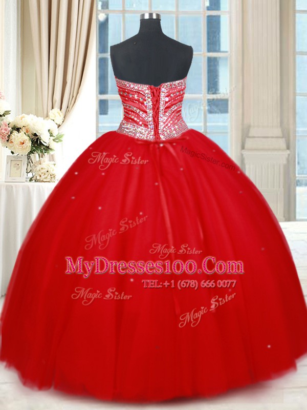Red Sweetheart Lace Up Beading Quinceanera Dress Sleeveless
