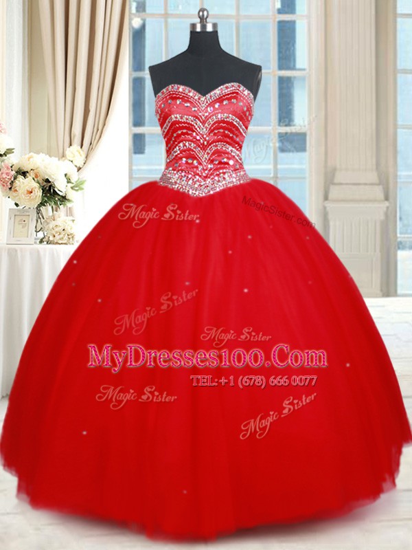Red Sweetheart Lace Up Beading Quinceanera Dress Sleeveless