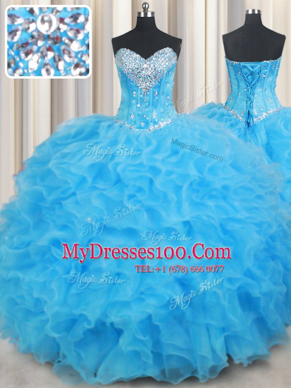 Colorful Floor Length Lace Up 15 Quinceanera Dress Baby Blue for Military Ball and Sweet 16 and Quinceanera with Beading and Ruffled Layers