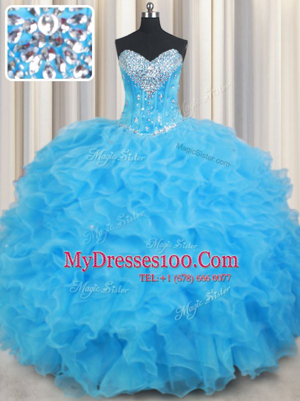 Colorful Floor Length Lace Up 15 Quinceanera Dress Baby Blue for Military Ball and Sweet 16 and Quinceanera with Beading and Ruffled Layers