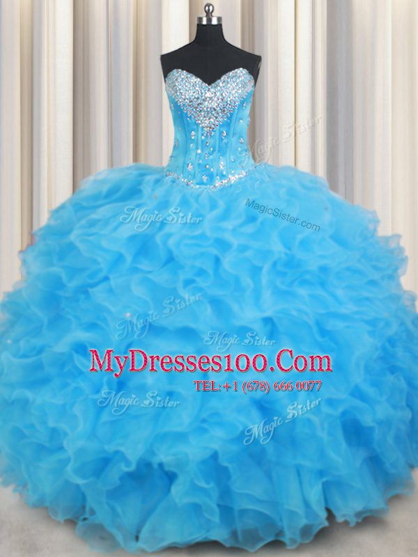 Colorful Floor Length Lace Up 15 Quinceanera Dress Baby Blue for Military Ball and Sweet 16 and Quinceanera with Beading and Ruffled Layers