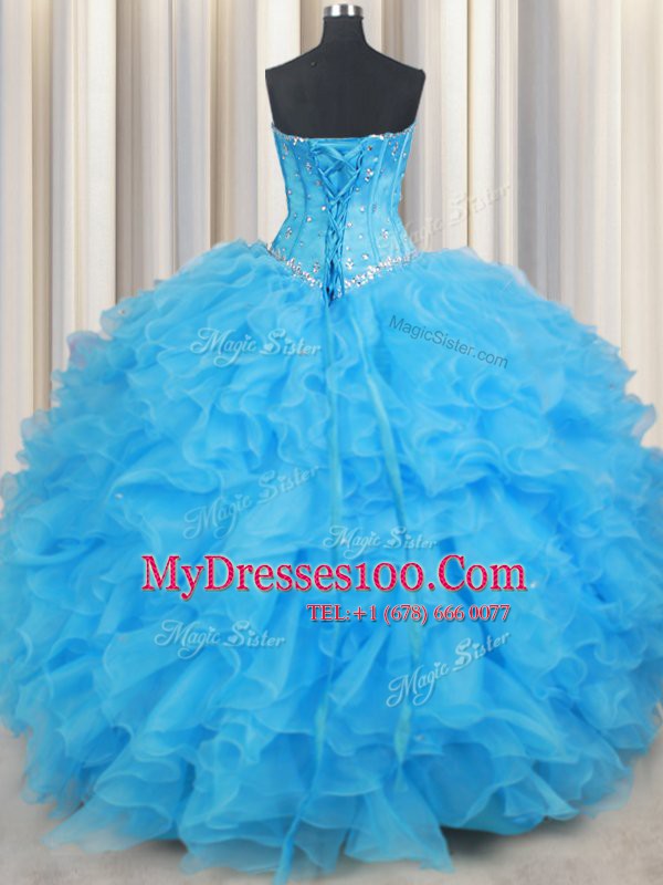Colorful Floor Length Lace Up 15 Quinceanera Dress Baby Blue for Military Ball and Sweet 16 and Quinceanera with Beading and Ruffled Layers