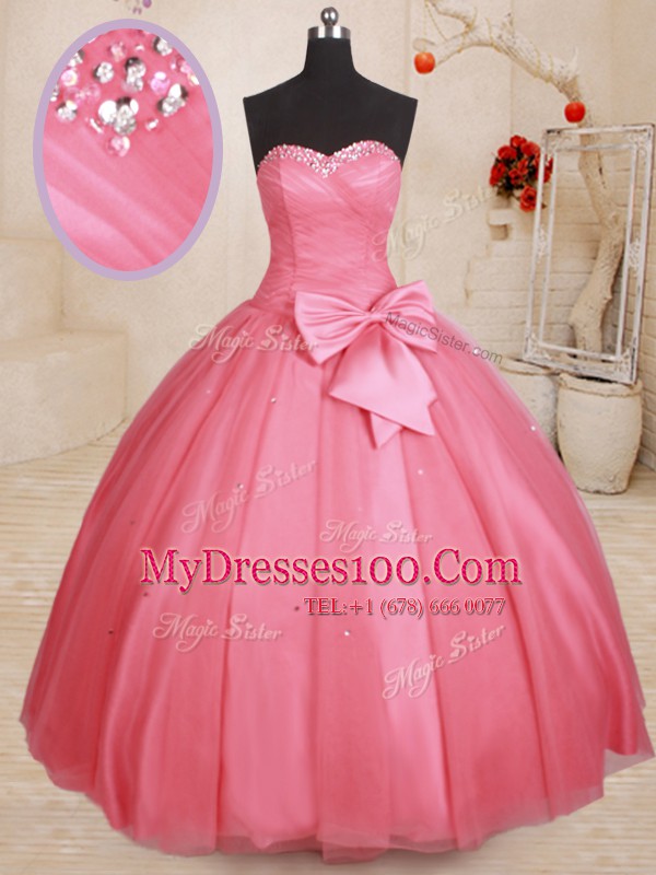 Vintage Beading and Bowknot 15th Birthday Dress Pink Lace Up Sleeveless Floor Length