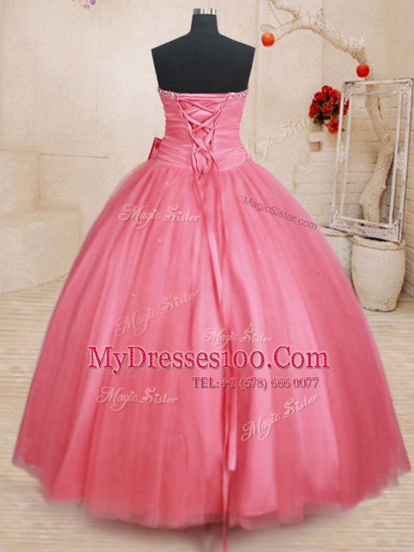 Vintage Beading and Bowknot 15th Birthday Dress Pink Lace Up Sleeveless Floor Length