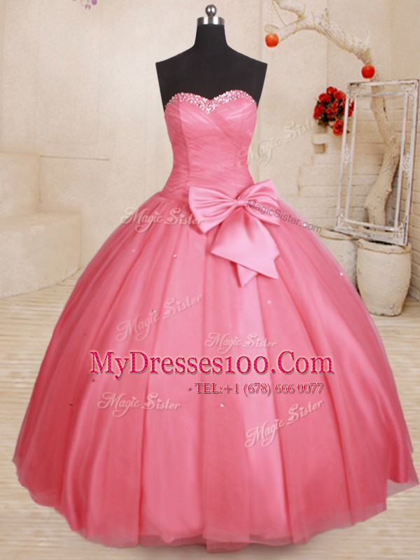 Vintage Beading and Bowknot 15th Birthday Dress Pink Lace Up Sleeveless Floor Length