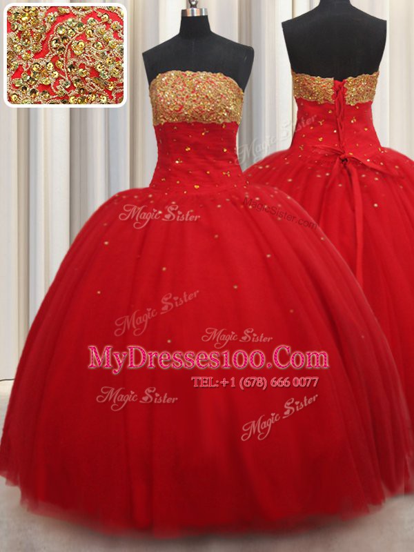 Gorgeous Red Ball Gowns Beading Quinceanera Dresses Lace Up Tulle Sleeveless Floor Length