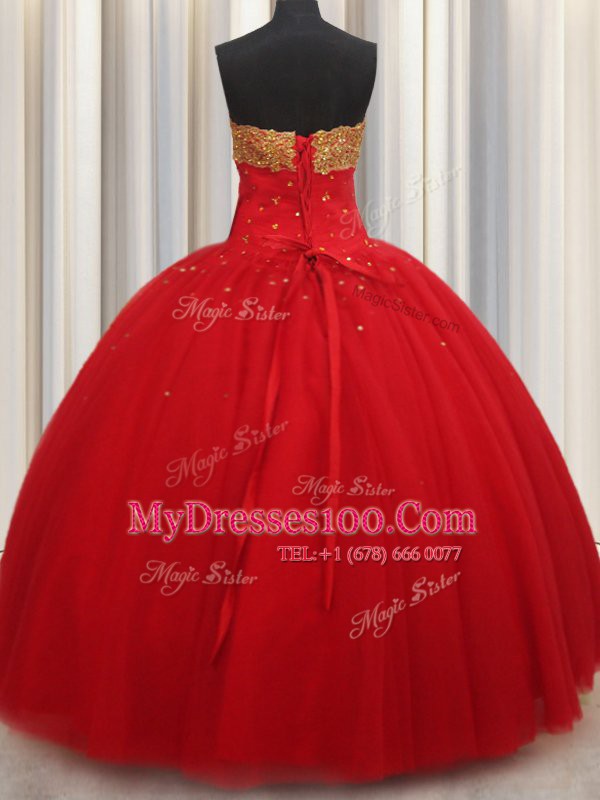 Gorgeous Red Ball Gowns Beading Quinceanera Dresses Lace Up Tulle Sleeveless Floor Length