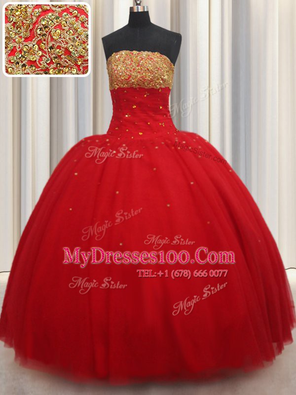 Gorgeous Red Ball Gowns Beading Quinceanera Dresses Lace Up Tulle Sleeveless Floor Length