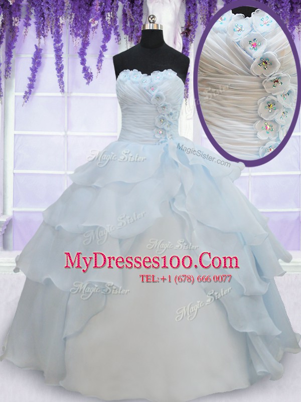 Unique Light Blue Ball Gowns Appliques and Ruffled Layers 15th Birthday Dress Lace Up Organza Sleeveless Floor Length