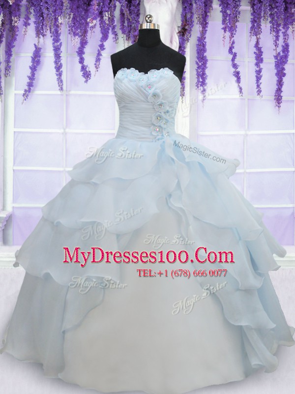 Unique Light Blue Ball Gowns Appliques and Ruffled Layers 15th Birthday Dress Lace Up Organza Sleeveless Floor Length