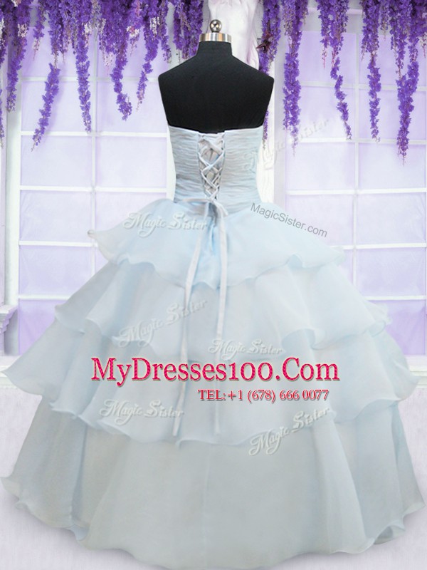 Unique Light Blue Ball Gowns Appliques and Ruffled Layers 15th Birthday Dress Lace Up Organza Sleeveless Floor Length