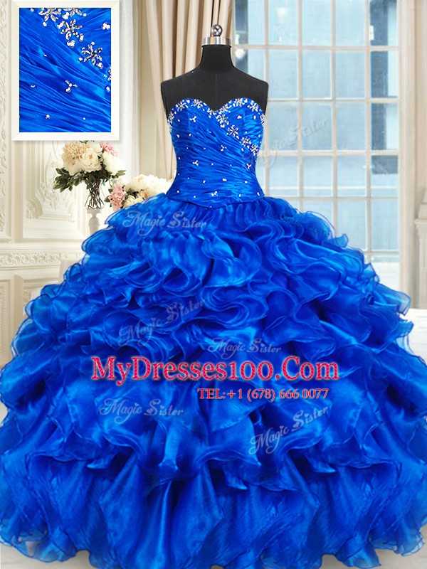 Royal Blue Ball Gowns Sweetheart Sleeveless Organza Floor Length Lace Up Beading and Ruffles Sweet 16 Dresses