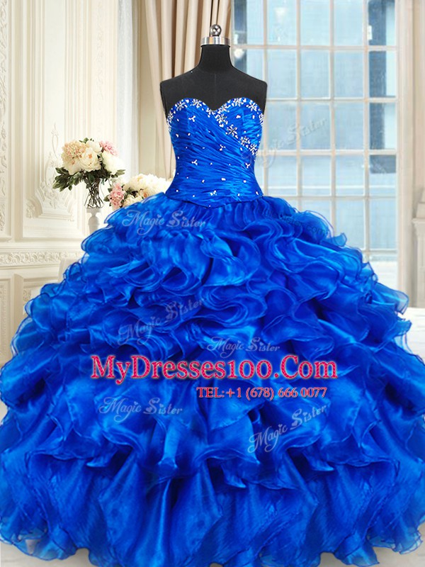 Royal Blue Ball Gowns Sweetheart Sleeveless Organza Floor Length Lace Up Beading and Ruffles Sweet 16 Dresses