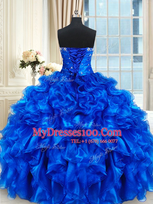 Royal Blue Ball Gowns Sweetheart Sleeveless Organza Floor Length Lace Up Beading and Ruffles Sweet 16 Dresses