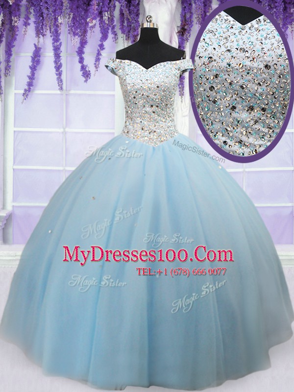 Fabulous Off the Shoulder Floor Length Lace Up Quinceanera Dresses Light Blue for Military Ball and Sweet 16 and Quinceanera with Beading
