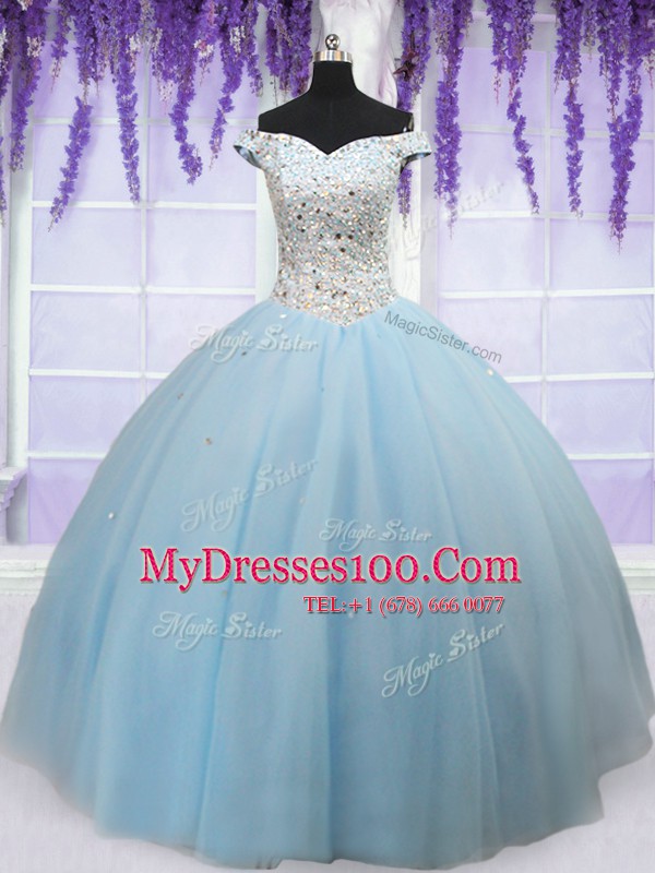 Fabulous Off the Shoulder Floor Length Lace Up Quinceanera Dresses Light Blue for Military Ball and Sweet 16 and Quinceanera with Beading