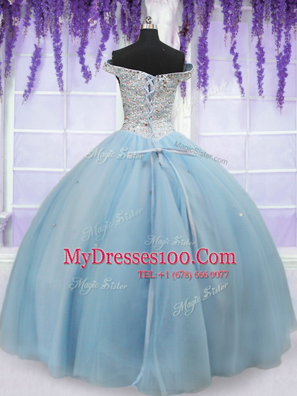 Fabulous Off the Shoulder Floor Length Lace Up Quinceanera Dresses Light Blue for Military Ball and Sweet 16 and Quinceanera with Beading