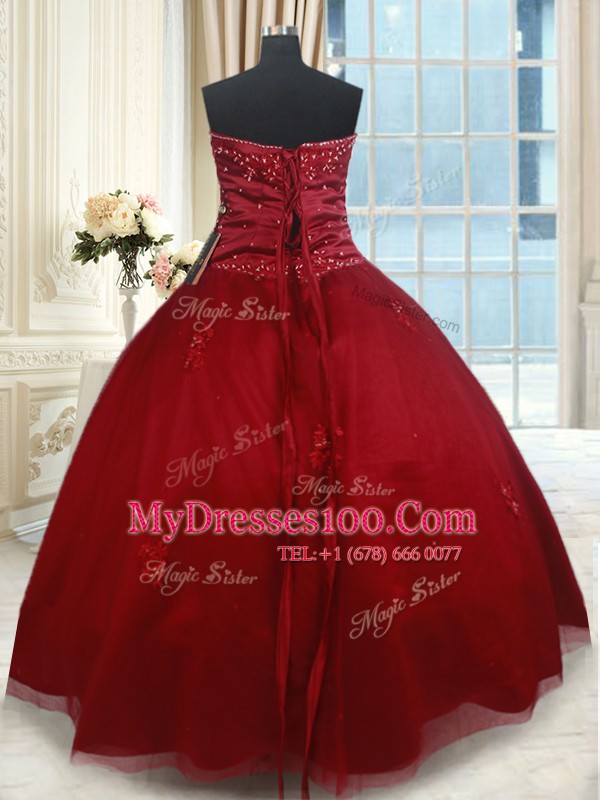Beading and Appliques Quinceanera Gowns Wine Red Lace Up Sleeveless Floor Length