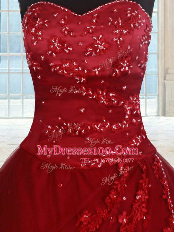 Beading and Appliques Quinceanera Gowns Wine Red Lace Up Sleeveless Floor Length