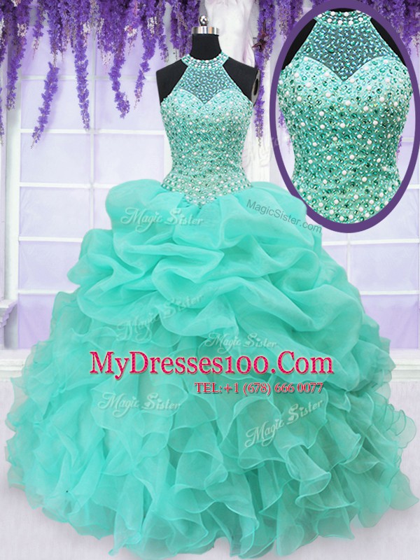Organza Halter Top Sleeveless Lace Up Beading and Ruffles and Pick Ups Sweet 16 Dress in Aqua Blue