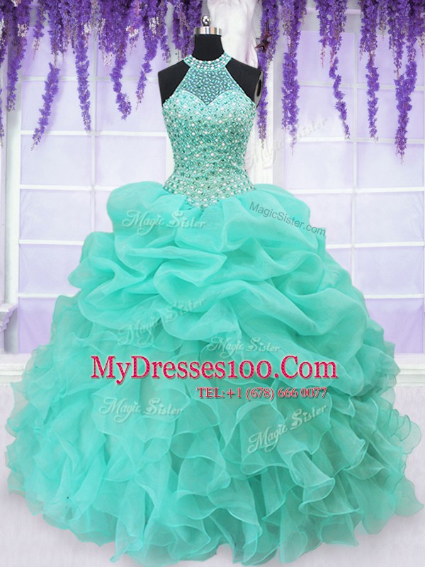 Organza Halter Top Sleeveless Lace Up Beading and Ruffles and Pick Ups Sweet 16 Dress in Aqua Blue