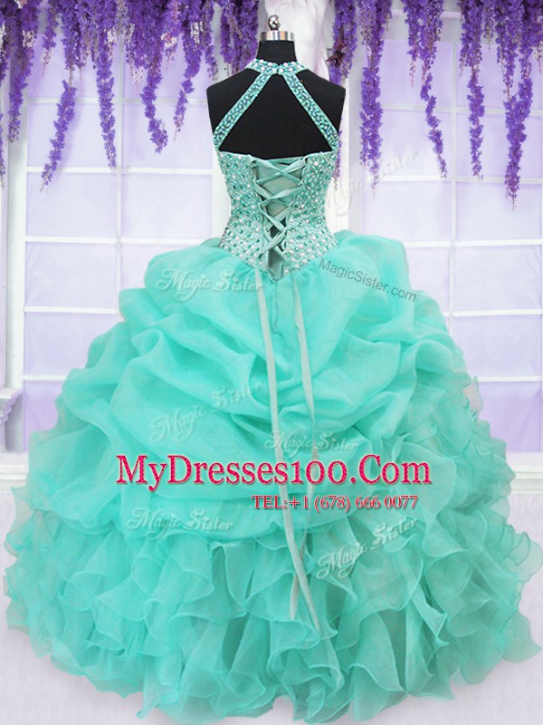 Organza Halter Top Sleeveless Lace Up Beading and Ruffles and Pick Ups Sweet 16 Dress in Aqua Blue