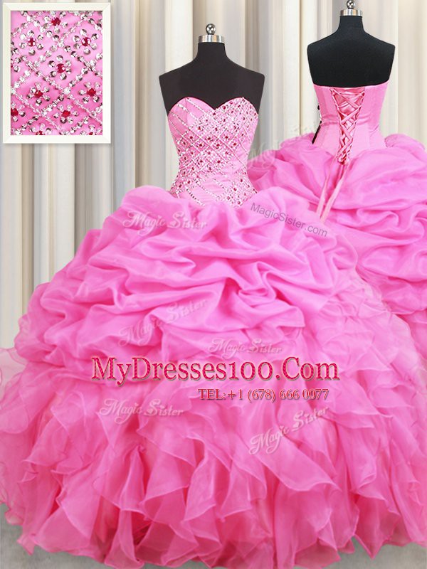Nice Rose Pink Sleeveless Floor Length Beading and Ruffles and Pick Ups Lace Up Quinceanera Dress