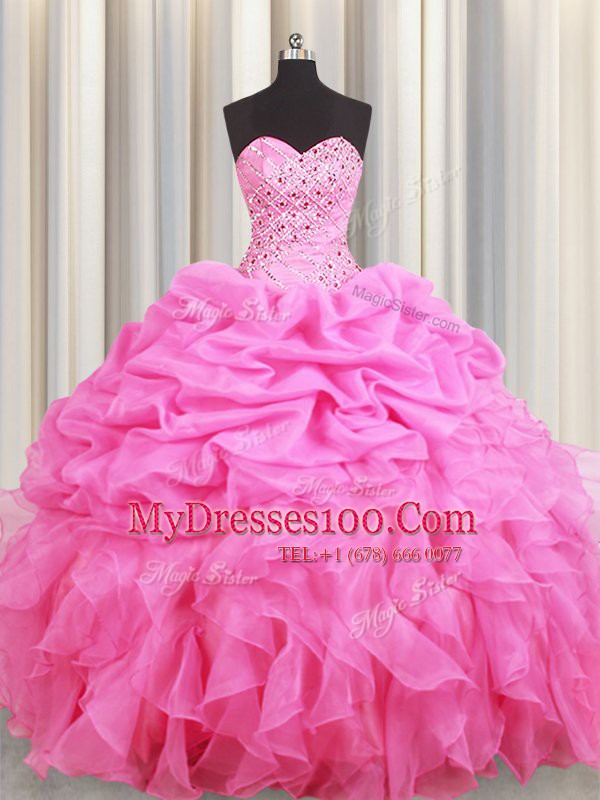 Nice Rose Pink Sleeveless Floor Length Beading and Ruffles and Pick Ups Lace Up Quinceanera Dress