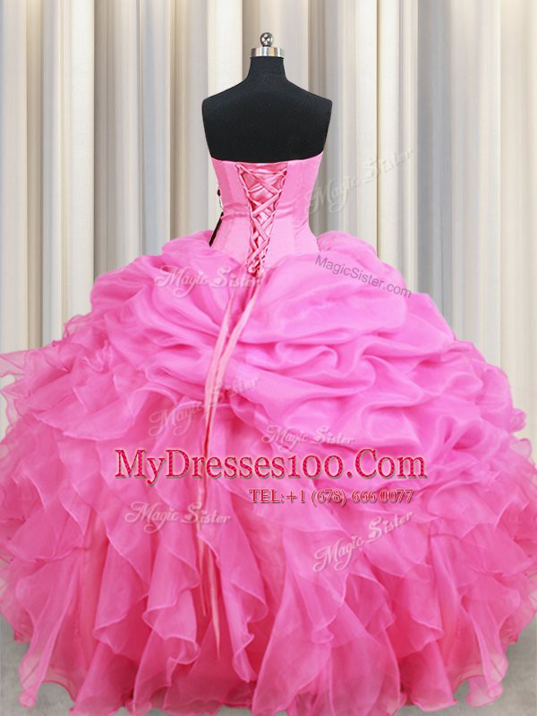 Nice Rose Pink Sleeveless Floor Length Beading and Ruffles and Pick Ups Lace Up Quinceanera Dress
