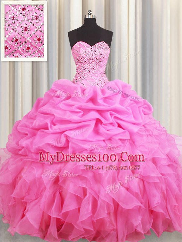 Nice Rose Pink Sleeveless Floor Length Beading and Ruffles and Pick Ups Lace Up Quinceanera Dress