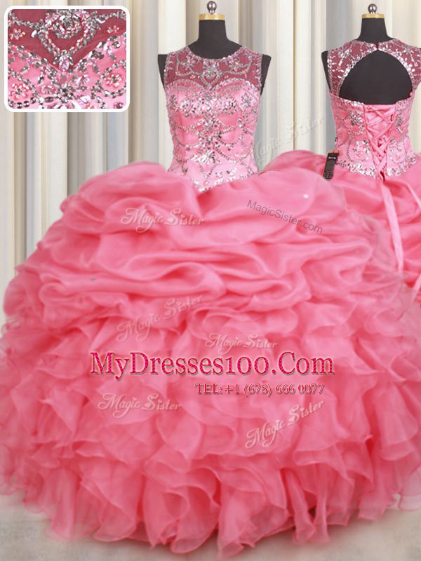 Most Popular Scoop Watermelon Red Lace Up Quinceanera Dress Beading and Ruffles and Pick Ups Sleeveless Floor Length