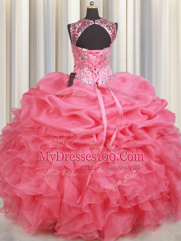 Most Popular Scoop Watermelon Red Lace Up Quinceanera Dress Beading and Ruffles and Pick Ups Sleeveless Floor Length