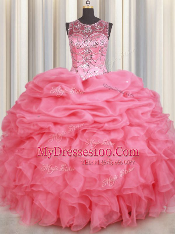 Most Popular Scoop Watermelon Red Lace Up Quinceanera Dress Beading and Ruffles and Pick Ups Sleeveless Floor Length