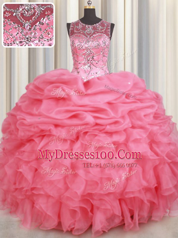 Most Popular Scoop Watermelon Red Lace Up Quinceanera Dress Beading and Ruffles and Pick Ups Sleeveless Floor Length