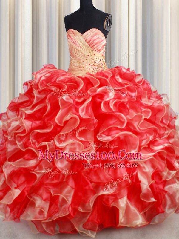 Sumptuous Organza Sweetheart Sleeveless Lace Up Beading and Ruffles 15th Birthday Dress in Multi-color