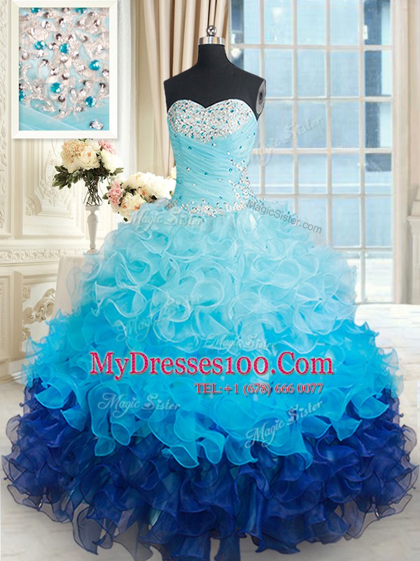 High Quality Multi-color Organza Lace Up Quinceanera Gown Sleeveless Floor Length Beading and Ruffles