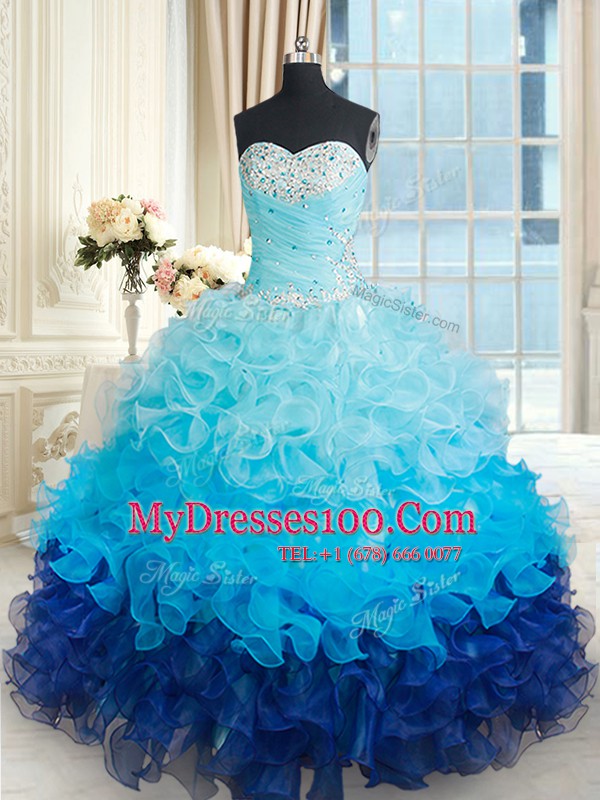 High Quality Multi-color Organza Lace Up Quinceanera Gown Sleeveless Floor Length Beading and Ruffles