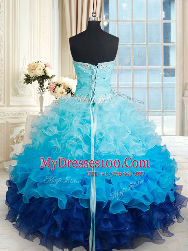 High Quality Multi-color Organza Lace Up Quinceanera Gown Sleeveless Floor Length Beading and Ruffles