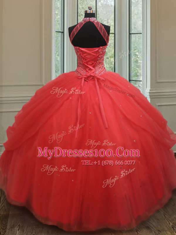Nice Halter Top Red Lace Up Sweet 16 Dresses Beading and Pick Ups Sleeveless Floor Length