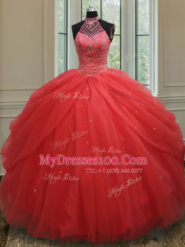 Nice Halter Top Red Lace Up Sweet 16 Dresses Beading and Pick Ups Sleeveless Floor Length