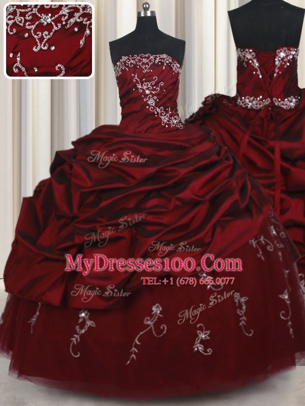Pick Ups Strapless Sleeveless Lace Up Sweet 16 Dresses Wine Red Taffeta and Tulle