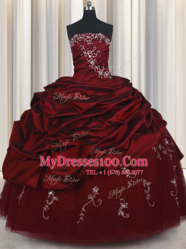 Pick Ups Strapless Sleeveless Lace Up Sweet 16 Dresses Wine Red Taffeta and Tulle